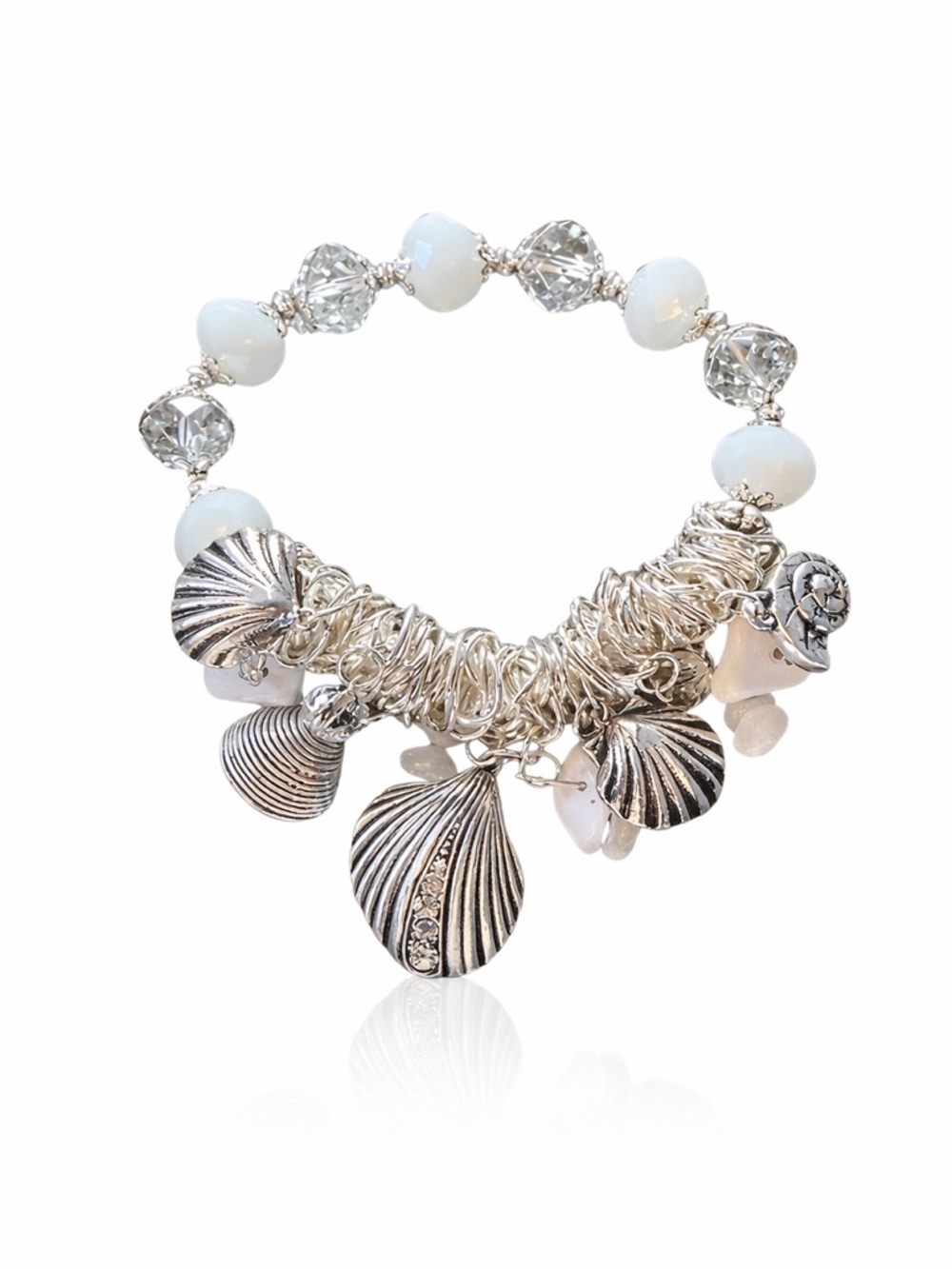 Stretch Silver & White Seashell Bracelet